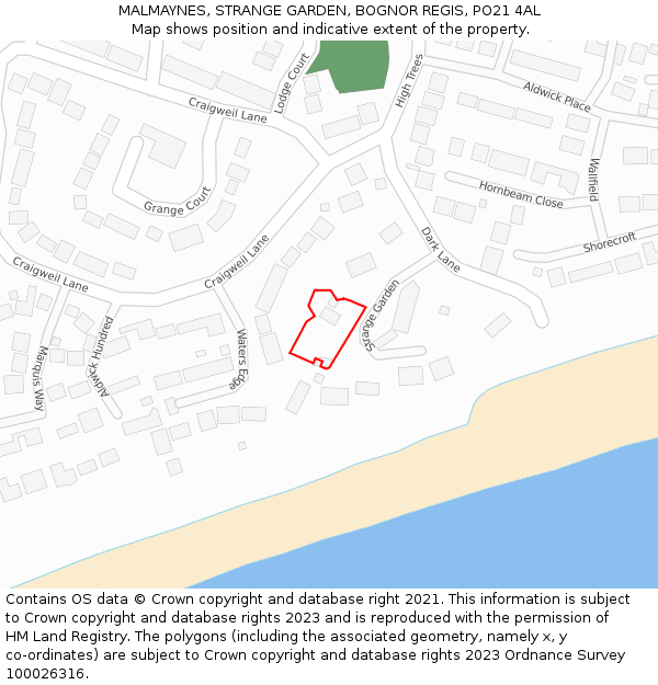 MALMAYNES, STRANGE GARDEN, BOGNOR REGIS, PO21 4AL: Location map and indicative extent of plot