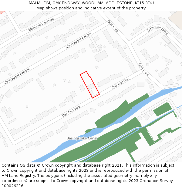 MALMHEIM, OAK END WAY, WOODHAM, ADDLESTONE, KT15 3DU: Location map and indicative extent of plot