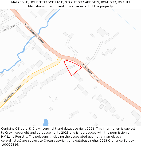 MALPEQUE, BOURNEBRIDGE LANE, STAPLEFORD ABBOTTS, ROMFORD, RM4 1LT: Location map and indicative extent of plot