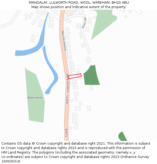 MANDALAY, LULWORTH ROAD, WOOL, WAREHAM, BH20 6BU: Location map and indicative extent of plot