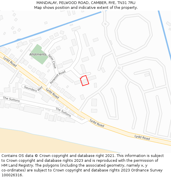 MANDALAY, PELWOOD ROAD, CAMBER, RYE, TN31 7RU: Location map and indicative extent of plot