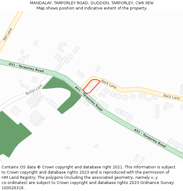 MANDALAY, TARPORLEY ROAD, DUDDON, TARPORLEY, CW6 0EW: Location map and indicative extent of plot