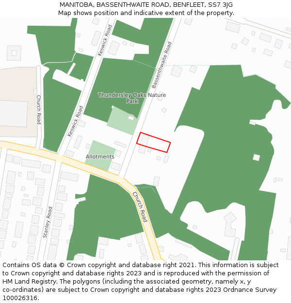 MANITOBA, BASSENTHWAITE ROAD, BENFLEET, SS7 3JG: Location map and indicative extent of plot