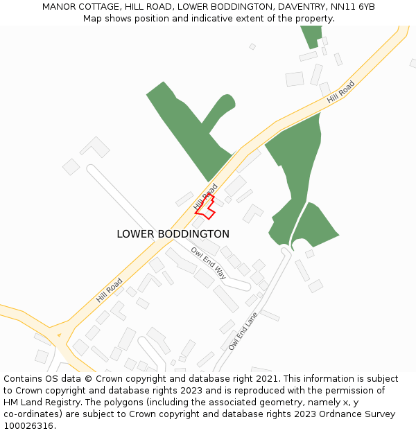 MANOR COTTAGE, HILL ROAD, LOWER BODDINGTON, DAVENTRY, NN11 6YB: Location map and indicative extent of plot