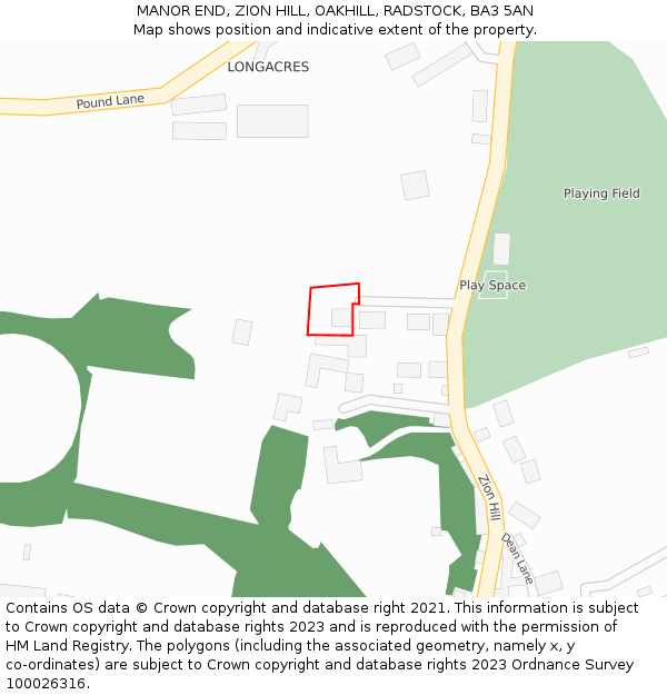 MANOR END, ZION HILL, OAKHILL, RADSTOCK, BA3 5AN: Location map and indicative extent of plot