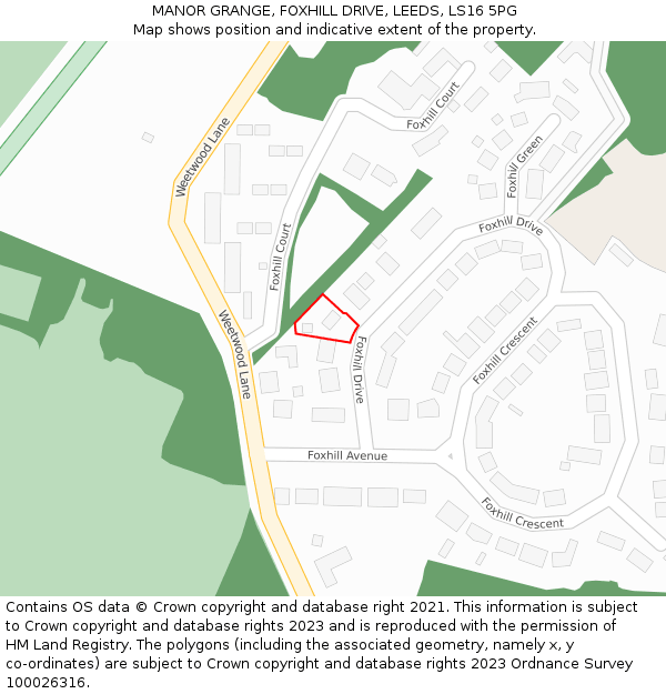 MANOR GRANGE, FOXHILL DRIVE, LEEDS, LS16 5PG: Location map and indicative extent of plot