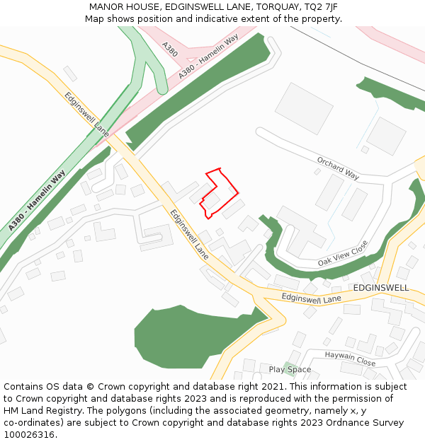 MANOR HOUSE, EDGINSWELL LANE, TORQUAY, TQ2 7JF: Location map and indicative extent of plot
