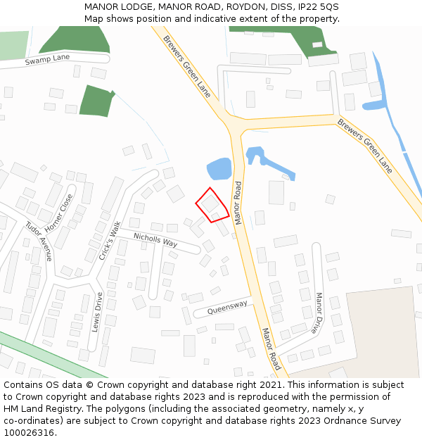 MANOR LODGE, MANOR ROAD, ROYDON, DISS, IP22 5QS: Location map and indicative extent of plot