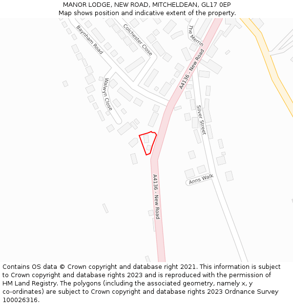 MANOR LODGE, NEW ROAD, MITCHELDEAN, GL17 0EP: Location map and indicative extent of plot