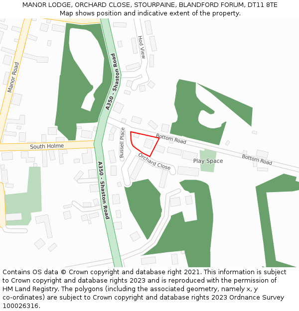 MANOR LODGE, ORCHARD CLOSE, STOURPAINE, BLANDFORD FORUM, DT11 8TE: Location map and indicative extent of plot