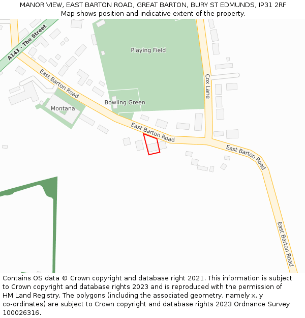 MANOR VIEW, EAST BARTON ROAD, GREAT BARTON, BURY ST EDMUNDS, IP31 2RF: Location map and indicative extent of plot