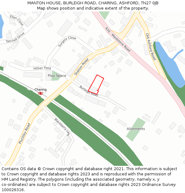 MANTON HOUSE, BURLEIGH ROAD, CHARING, ASHFORD, TN27 0JB: Location map and indicative extent of plot