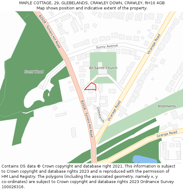 MAPLE COTTAGE, 29, GLEBELANDS, CRAWLEY DOWN, CRAWLEY, RH10 4GB: Location map and indicative extent of plot