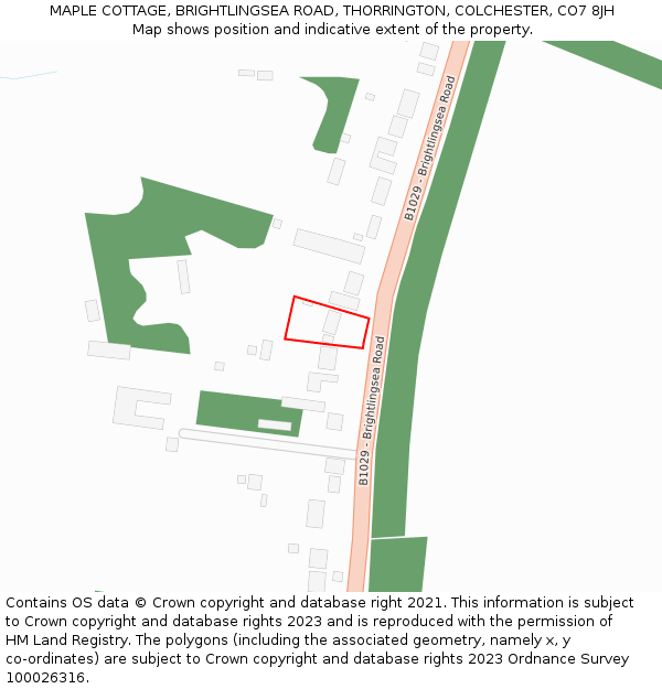 MAPLE COTTAGE, BRIGHTLINGSEA ROAD, THORRINGTON, COLCHESTER, CO7 8JH: Location map and indicative extent of plot