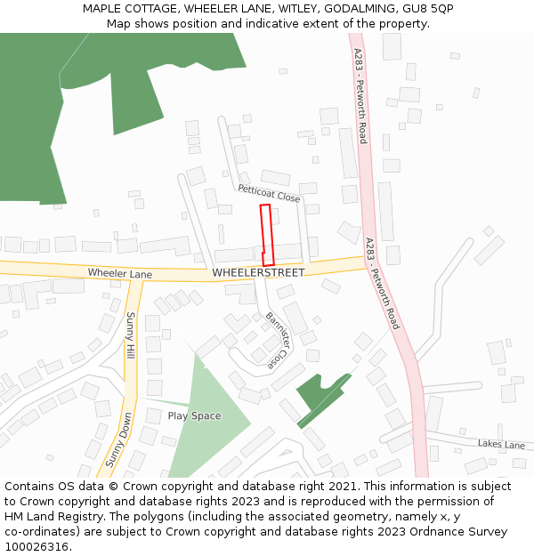 MAPLE COTTAGE, WHEELER LANE, WITLEY, GODALMING, GU8 5QP: Location map and indicative extent of plot