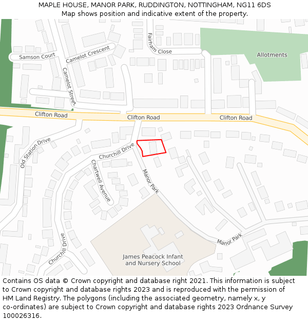 MAPLE HOUSE, MANOR PARK, RUDDINGTON, NOTTINGHAM, NG11 6DS: Location map and indicative extent of plot