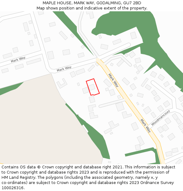 MAPLE HOUSE, MARK WAY, GODALMING, GU7 2BD: Location map and indicative extent of plot