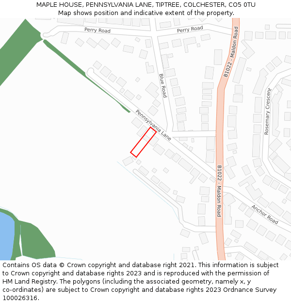 MAPLE HOUSE, PENNSYLVANIA LANE, TIPTREE, COLCHESTER, CO5 0TU: Location map and indicative extent of plot