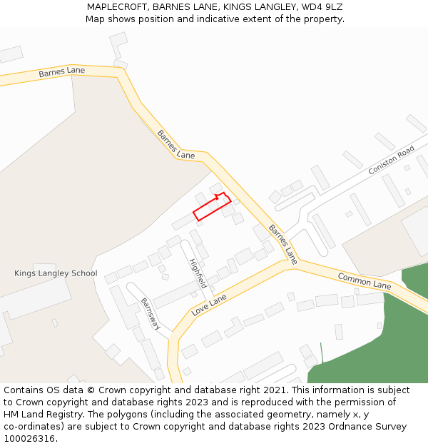 MAPLECROFT, BARNES LANE, KINGS LANGLEY, WD4 9LZ: Location map and indicative extent of plot