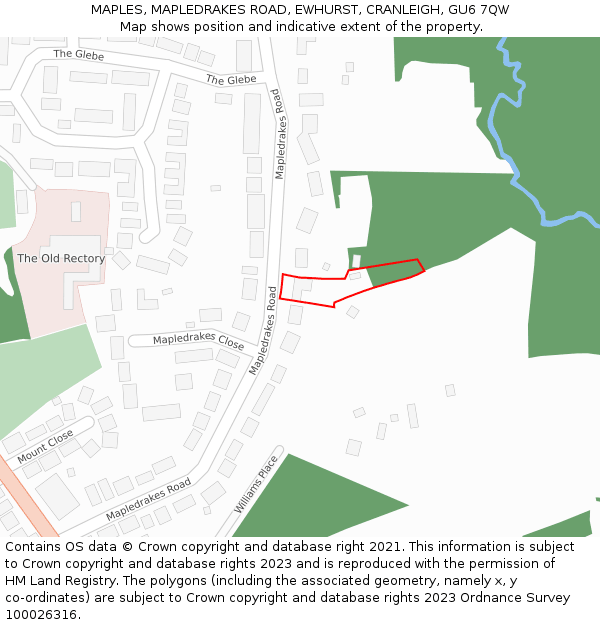 MAPLES, MAPLEDRAKES ROAD, EWHURST, CRANLEIGH, GU6 7QW: Location map and indicative extent of plot