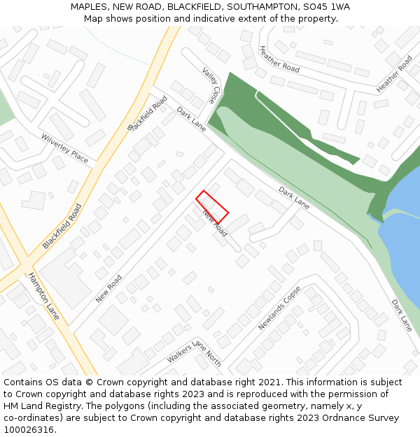 MAPLES, NEW ROAD, BLACKFIELD, SOUTHAMPTON, SO45 1WA: Location map and indicative extent of plot