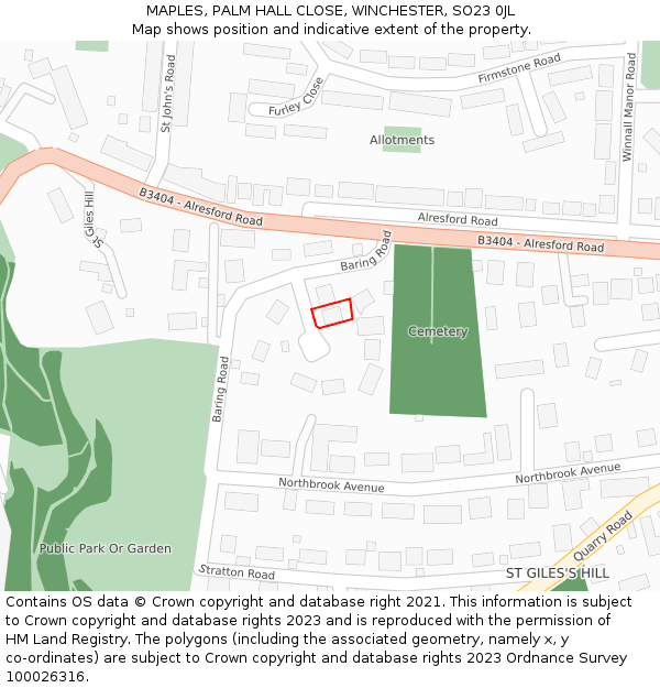 MAPLES, PALM HALL CLOSE, WINCHESTER, SO23 0JL: Location map and indicative extent of plot