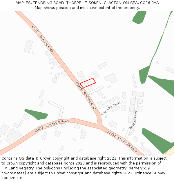 MAPLES, TENDRING ROAD, THORPE-LE-SOKEN, CLACTON-ON-SEA, CO16 0AA: Location map and indicative extent of plot