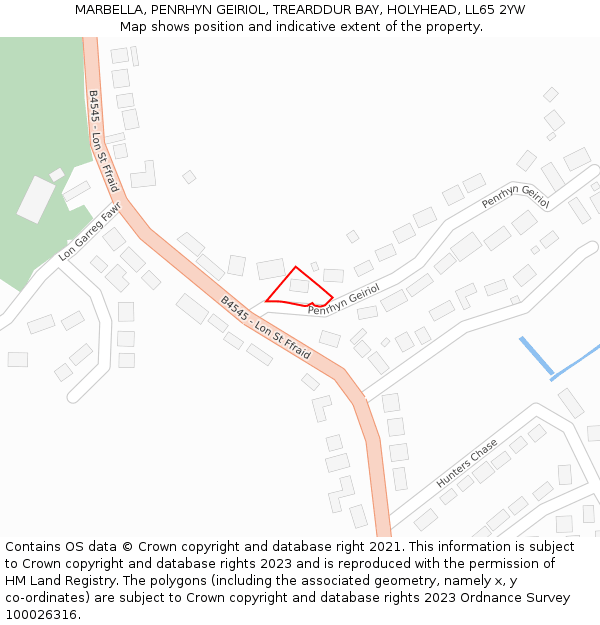 MARBELLA, PENRHYN GEIRIOL, TREARDDUR BAY, HOLYHEAD, LL65 2YW: Location map and indicative extent of plot