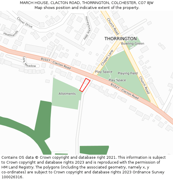 MARCH HOUSE, CLACTON ROAD, THORRINGTON, COLCHESTER, CO7 8JW: Location map and indicative extent of plot