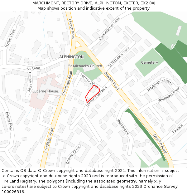 MARCHMONT, RECTORY DRIVE, ALPHINGTON, EXETER, EX2 8XJ: Location map and indicative extent of plot