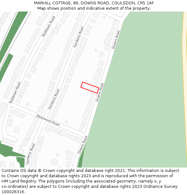 MARHILL COTTAGE, 86, DOWNS ROAD, COULSDON, CR5 1AF: Location map and indicative extent of plot