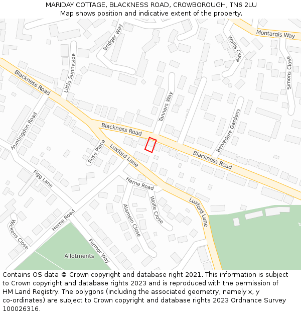 MARIDAY COTTAGE, BLACKNESS ROAD, CROWBOROUGH, TN6 2LU: Location map and indicative extent of plot