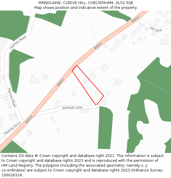 MARJOLAINE, CLEEVE HILL, CHELTENHAM, GL52 3QE: Location map and indicative extent of plot