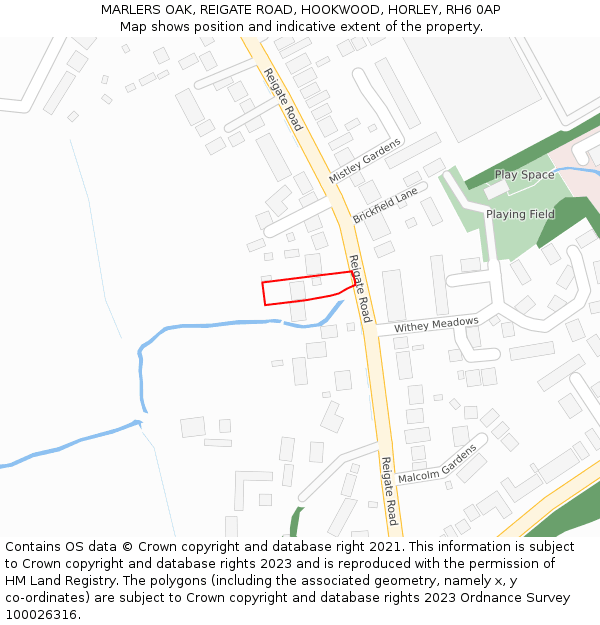 MARLERS OAK, REIGATE ROAD, HOOKWOOD, HORLEY, RH6 0AP: Location map and indicative extent of plot