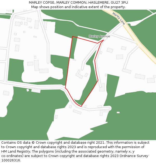 MARLEY COPSE, MARLEY COMMON, HASLEMERE, GU27 3PU: Location map and indicative extent of plot