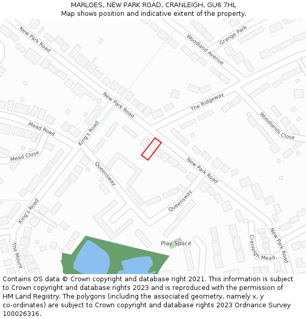 MARLOES, NEW PARK ROAD, CRANLEIGH, GU6 7HL: Location map and indicative extent of plot