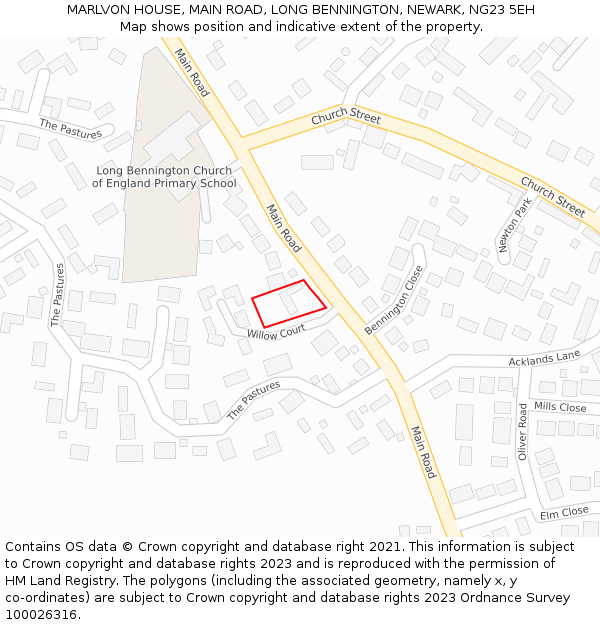 MARLVON HOUSE, MAIN ROAD, LONG BENNINGTON, NEWARK, NG23 5EH: Location map and indicative extent of plot