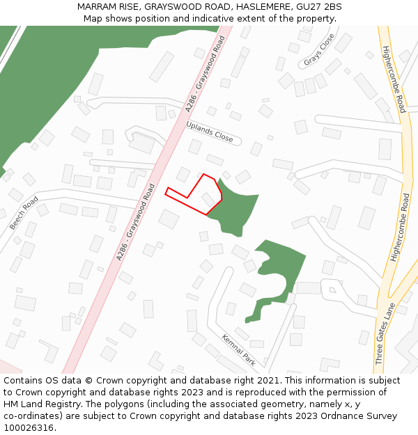 MARRAM RISE, GRAYSWOOD ROAD, HASLEMERE, GU27 2BS: Location map and indicative extent of plot