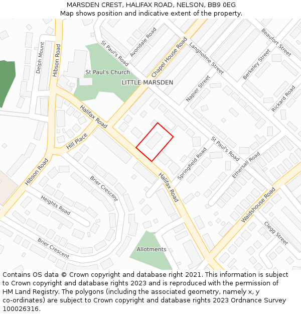 MARSDEN CREST, HALIFAX ROAD, NELSON, BB9 0EG: Location map and indicative extent of plot