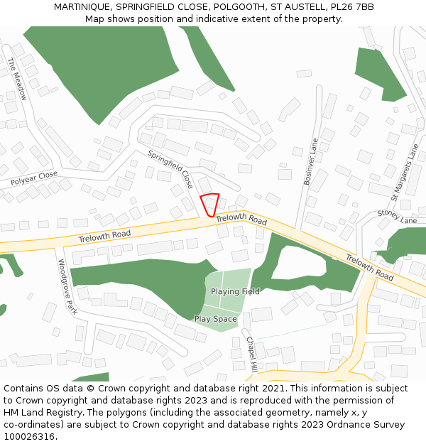 MARTINIQUE, SPRINGFIELD CLOSE, POLGOOTH, ST AUSTELL, PL26 7BB: Location map and indicative extent of plot