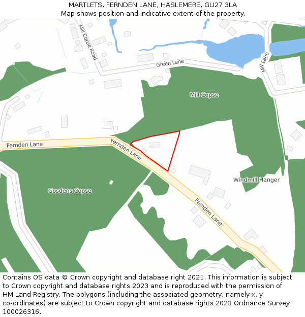 MARTLETS, FERNDEN LANE, HASLEMERE, GU27 3LA: Location map and indicative extent of plot