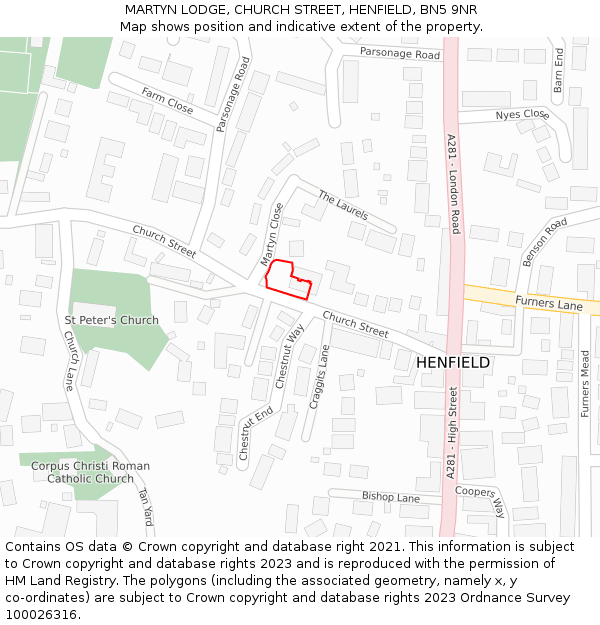 MARTYN LODGE, CHURCH STREET, HENFIELD, BN5 9NR: Location map and indicative extent of plot