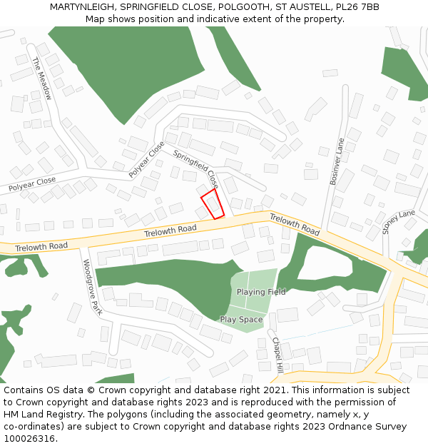 MARTYNLEIGH, SPRINGFIELD CLOSE, POLGOOTH, ST AUSTELL, PL26 7BB: Location map and indicative extent of plot