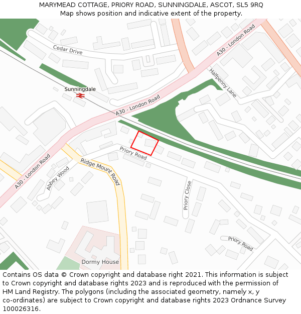 MARYMEAD COTTAGE, PRIORY ROAD, SUNNINGDALE, ASCOT, SL5 9RQ: Location map and indicative extent of plot