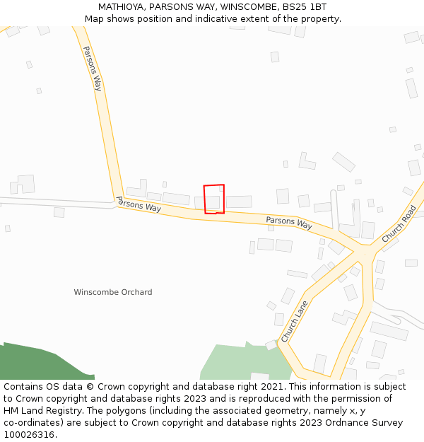 MATHIOYA, PARSONS WAY, WINSCOMBE, BS25 1BT: Location map and indicative extent of plot