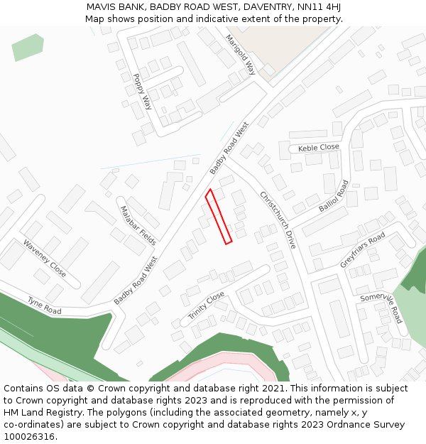 MAVIS BANK, BADBY ROAD WEST, DAVENTRY, NN11 4HJ: Location map and indicative extent of plot