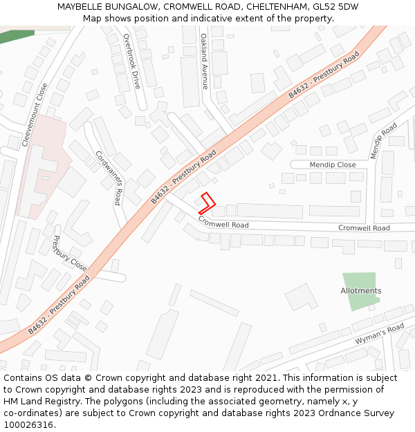 MAYBELLE BUNGALOW, CROMWELL ROAD, CHELTENHAM, GL52 5DW: Location map and indicative extent of plot