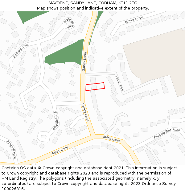 MAYDENE, SANDY LANE, COBHAM, KT11 2EG: Location map and indicative extent of plot