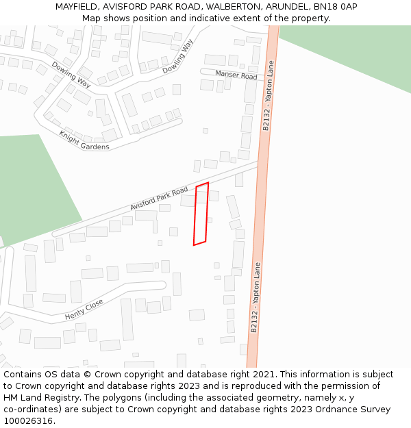 MAYFIELD, AVISFORD PARK ROAD, WALBERTON, ARUNDEL, BN18 0AP: Location map and indicative extent of plot