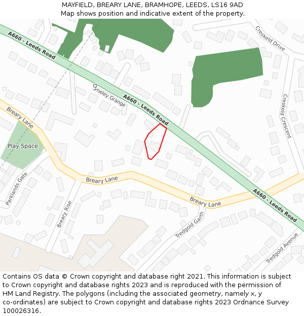 MAYFIELD, BREARY LANE, BRAMHOPE, LEEDS, LS16 9AD: Location map and indicative extent of plot